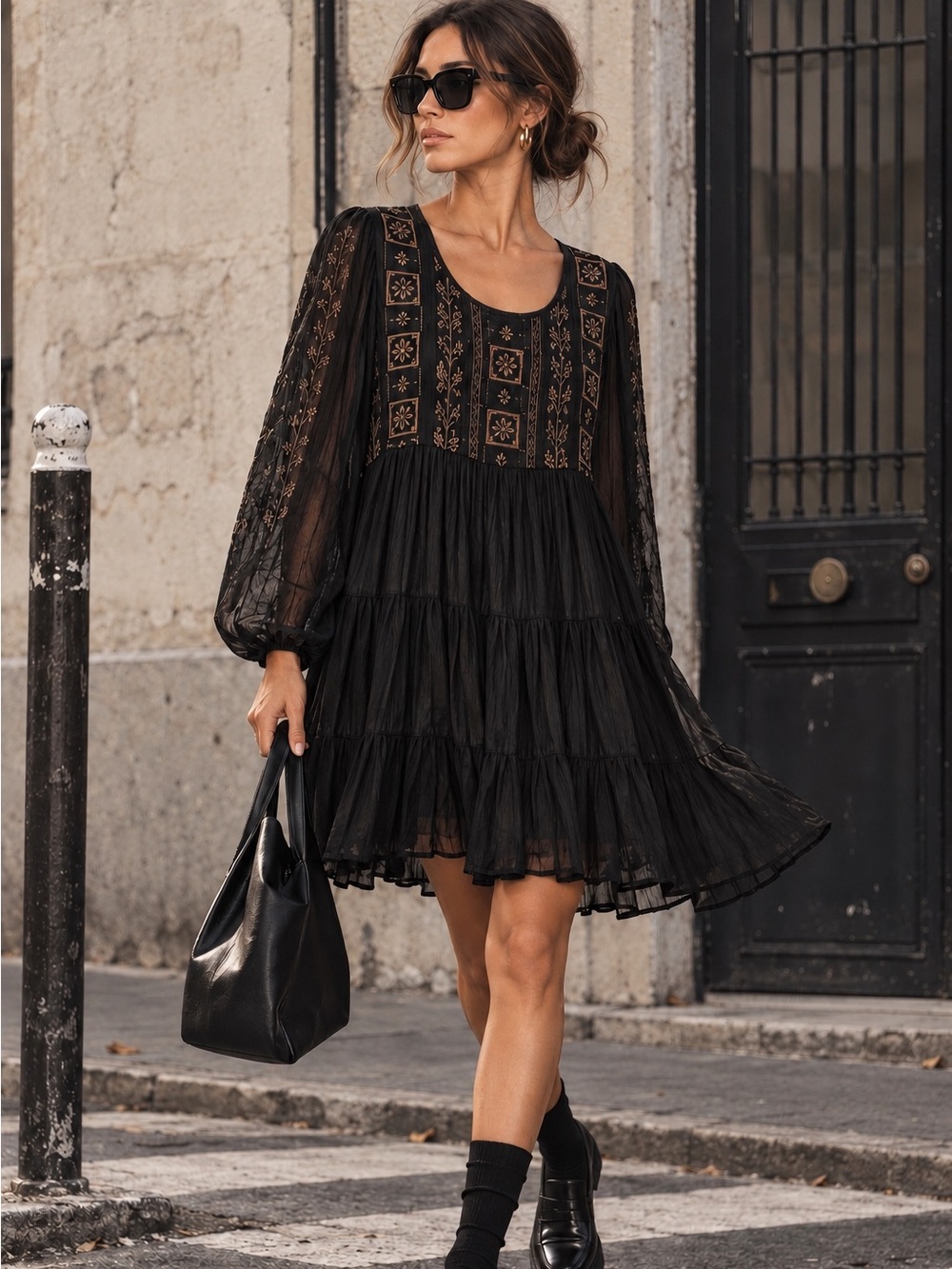 Antik Batik Black Embroidered Boho Dress Size S